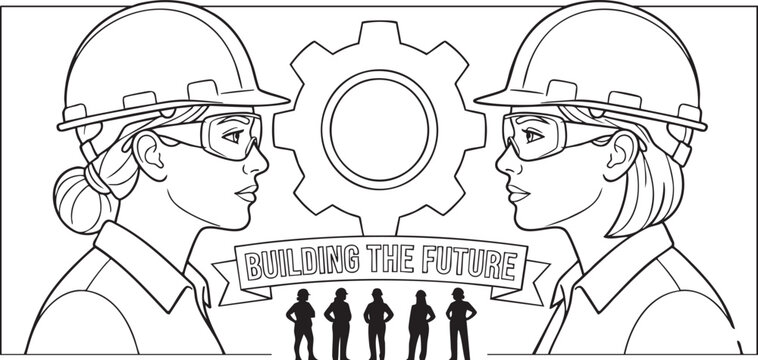 Female engineers construction workers coloring page, women wearing hard hats and safety goggles line art illustration for kids activity scene,