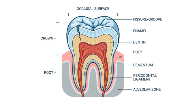 Human Tooth Anatomy Diagram: Crown, Root, Enamel, Dentin, Pulp, Gum, Bone