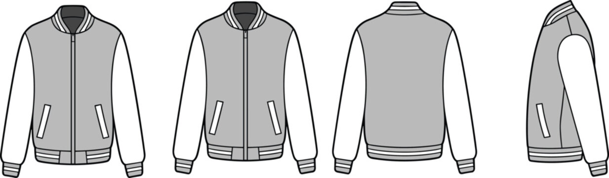 Blank grey and white zippered varsity jacket mockup template displaying front back and side views for apparel design projects