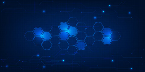 Abstract futuristic digital technology background with hi tech hexagon geometry network and digital circuit line pattern.Vector illustrations. © Alleachday