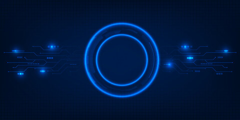 Abstract futuristic digital hi tech background with glowing hologram circle and digital circuit elements. © Alleachday