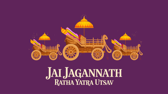 Jai Jagannath Ratha Yatra Utsav greeting banner with three traditional festival chariots on purple background