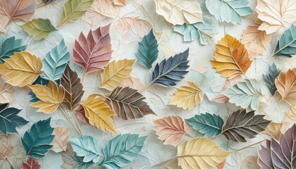 Fototapeta premium Colorful autumn leaves scattered on a textured surface with a mix of yellow, orange, brown, green and red hues