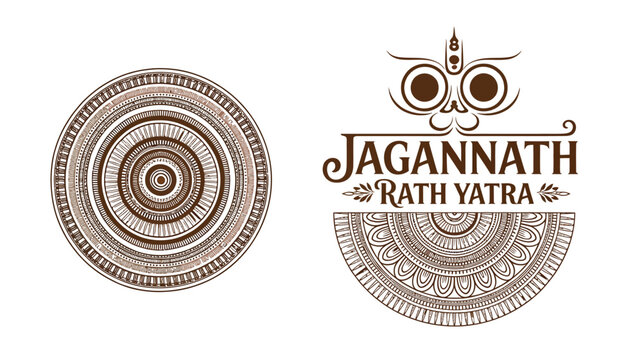 Minimalist Jagannath Rath Yatra greeting banner with intricate chariot wheel and line art deity face