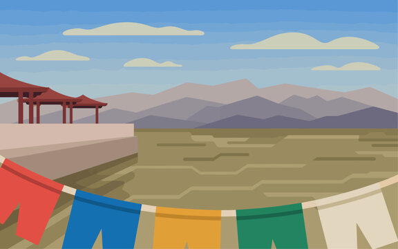 Scenic Ladakh landscape vector background with Indus river mountains and Buddhist prayer flags