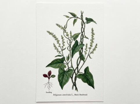 Botanical illustration of polygonum convolvulus l, commonly known as black bindweed, with seedling
