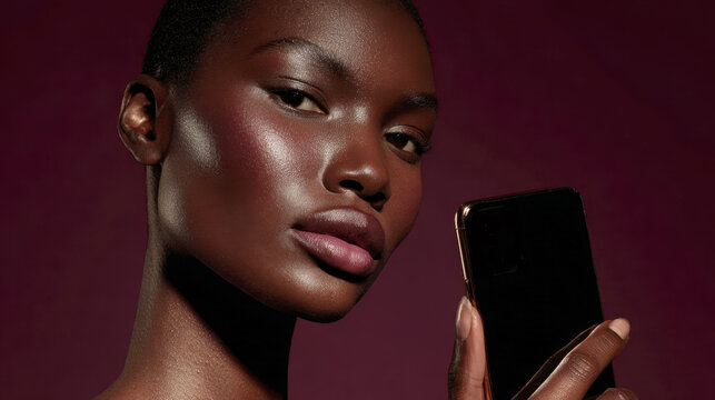 Beautiful gorgeous young african american woman with glowing radiant shiny skin holding modern smartphone close up portrait against dark burgundy background, skincare makeup technology concept