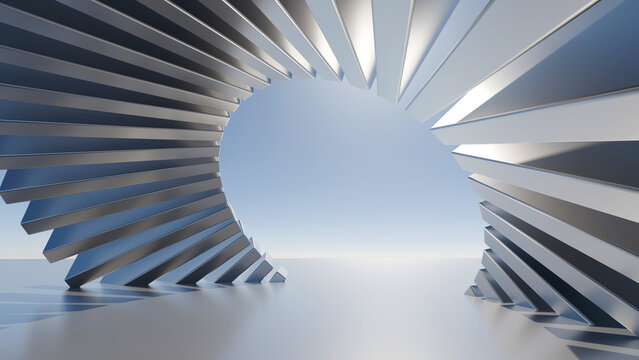 Abstract 3D render of a futuristic metallic spiral pavilion structure with reflective silver slats against a clear blue sky background