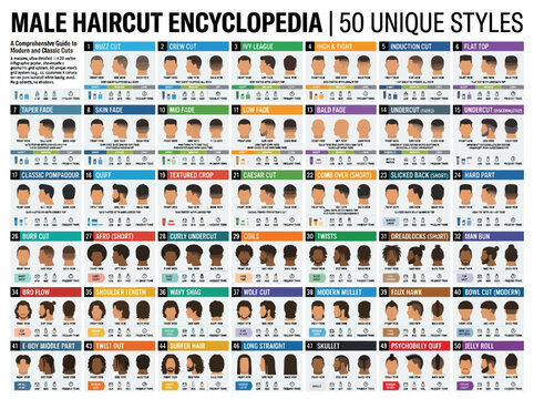 A comprehensive visual encyclopedia infographic of 50 unique male hairstyles, guiding modern and classic cuts.