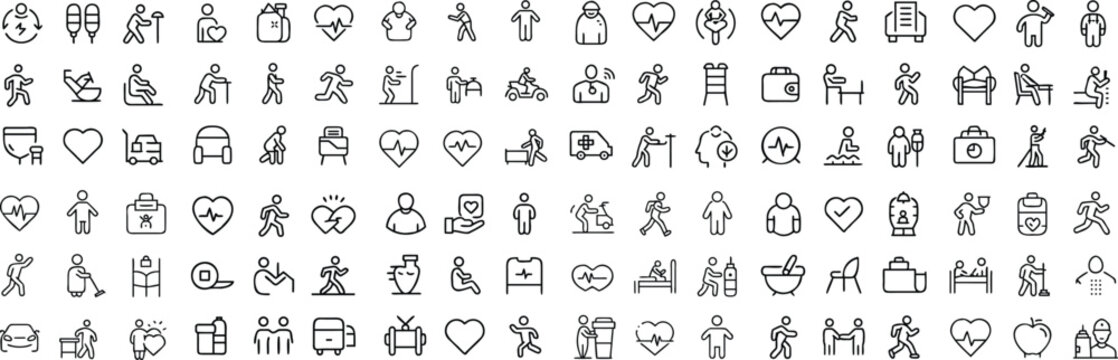 A comprehensive collection of minimalist line icons representing various aspects of healthcare, human activities, and daily life, presented in a grid layout.