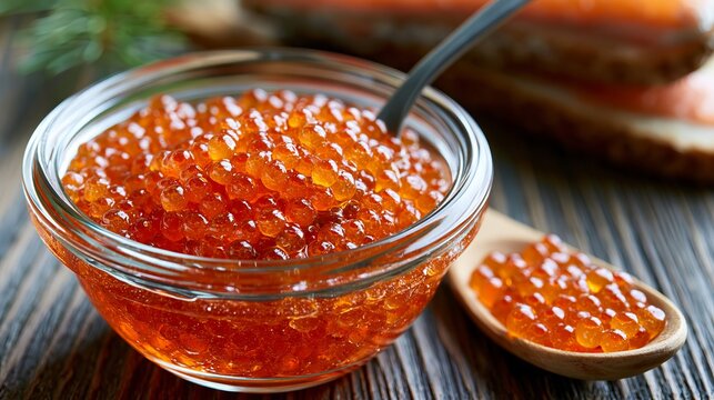 Lumpfish caviar, a fresh seafood appetizer, sits on a table, ready to be enjoyed as a snack or meal.
