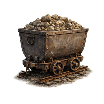 Mining cart filled with ore rocks isolated on transparent background