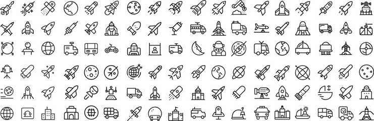 A collection of simple line icons depicting various transportation modes and related objects, presented in a grid format. © Nur