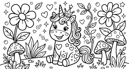 Obraz premium Unicorn Characters Coloring Book Activity for Kids Educational Vector Set