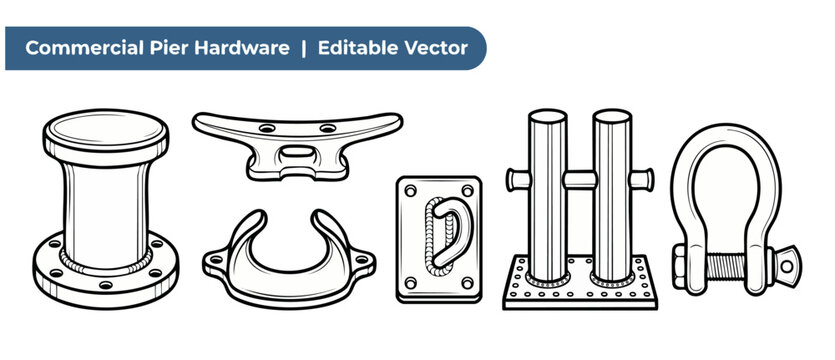 Marine mooring hardware vector set containing pier dock bollards, cleats, chocks, shackles, and deck fittings for commercial shipping, maritime harbor construction, and industrial port vessel anchorin