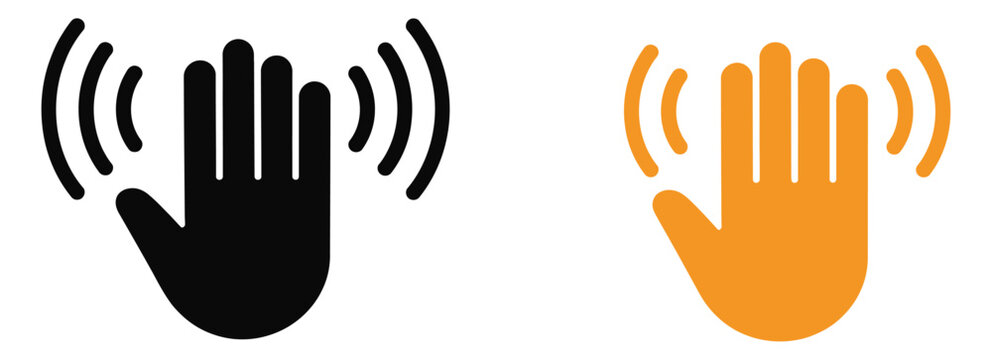 Waving hand vector icons with black and orange silhouette styles for hello, goodbye, social communication, and user interaction design concepts.
