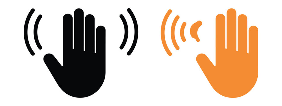 Waving hand greeting icon set featuring black and orange silhouette gestures for hello, goodbye, welcome, and communication concepts.