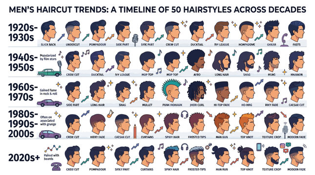 Charting the Evolution of Men's Hairstyles: A Comprehensive Timeline of Iconic Haircut Trends from the 1920s to the Present Day