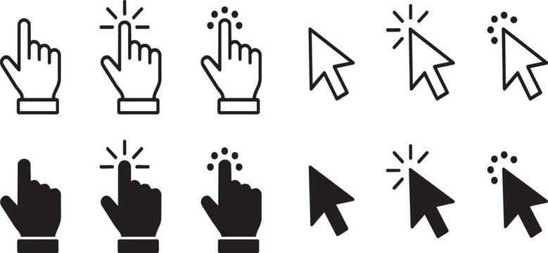 Set of black and white computer cursor arrow and hand click icons on transparent background