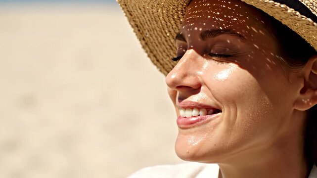 Woman smiling on beach with sunlight filtering through hat. Profile view of caucasian female enjoying sun on skin during summer travel. Vacation leisure concept