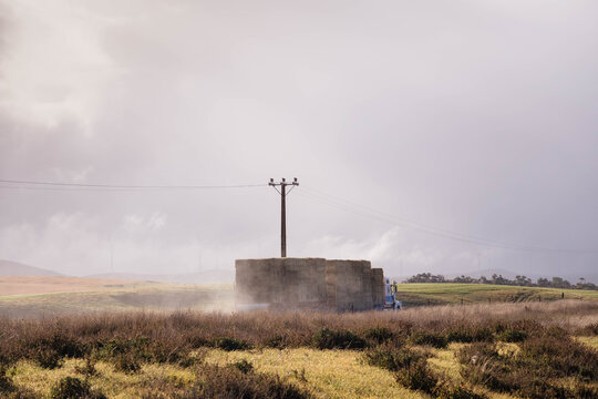 Hay truck fully loaded drives on wet road.