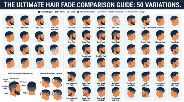 Comprehensive Infographic Guide: Comparing 50 Men's Hair Fade Styles, Barber Cutting Zones, and Transition Diagrams