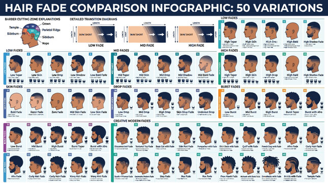 Comprehensive Infographic Illustrating 50 Male Hair Fade Styles and Haircut Zone Explanations for Barbers and Enthusiasts