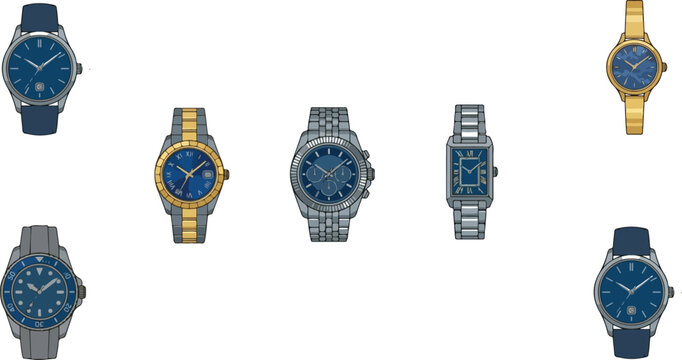 WMen classic golden luxury timepiece collection flat line art graphic containing interchangeable watchbands fashion signet rings and branded product gift box set