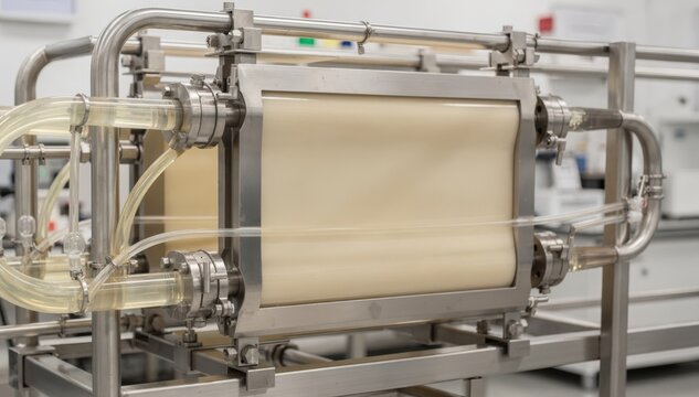 Medium shot focusing on flat sheet ultrafiltration cassettes in a bioprocessing setup showing efficient separation of proteins in a controlled laboratory setting.