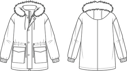 Blank winter parka jacket with fur trim hood technical flat sketch vector template showing front and back views © Md Atiar Rahman