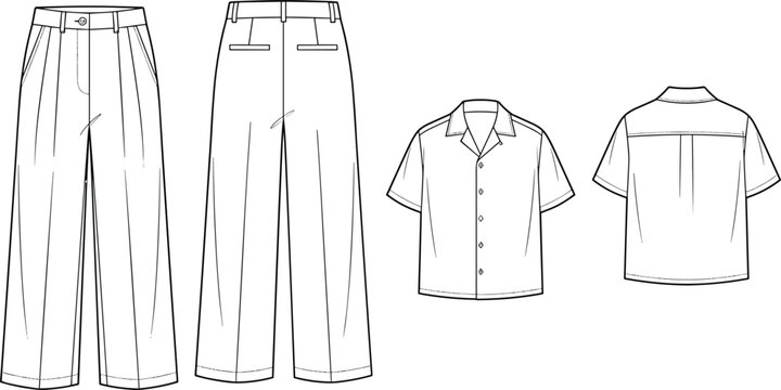 Blank wide leg trousers and camp collar short sleeve shirt technical flat sketch vector template showing front and back views