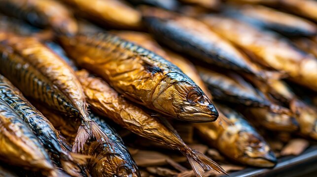 Smoked mackerel, cooked with wood chips, waits to be sold at a fish market.