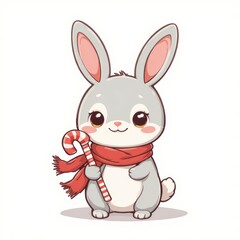 Fototapeta premium Cute Little Gray Bunny Holding A Festive Christmas Candy Cane