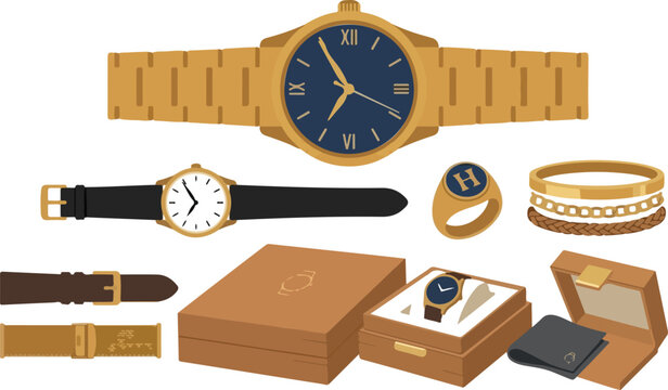 Men classic golden luxury timepiece collection flat line art graphic containing interchangeable watchbands fashion signet rings and branded product gift box set