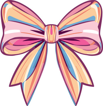 Vector illustration of a colorful pastel pink ribbon bow design element with bright highlights isolated on a white background