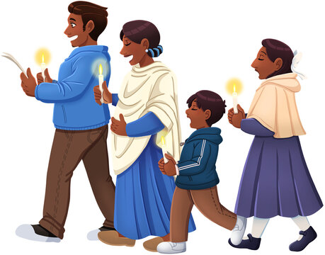 Family Celebrating Las Posadas Mexican Christmas Tradition Illustration