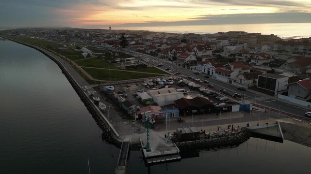 Aerial View of Colorful Beach Houses in Aveiro Portugal