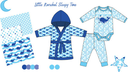 Baby boy pajama clothing set and narwhal seamless pattern collection, flat vector illustration fashion design mockup © MdHasinur