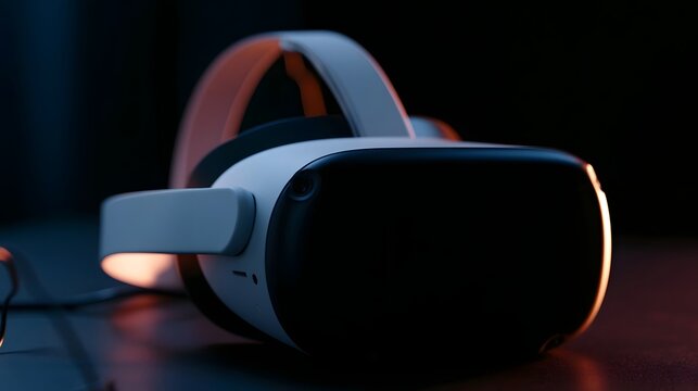 A sophisticated virtual reality headset is set against a dark background emphasizing the futuristic and immersive nature of modern technology