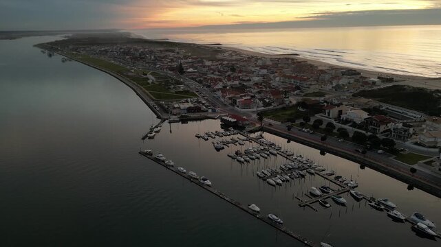 Aerial View of Colorful Beach Houses in Aveiro Portugal