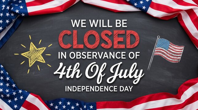 We will be closed in observance of 4th of july independence day american flags and star on chalkboard.
