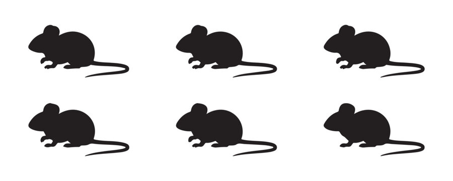 Set of black rodent silhouettes displayed in rows with matching poses for repeatable graphic layouts.