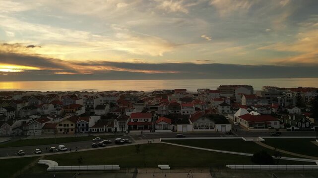 Aerial View of Colorful Beach Houses in Aveiro Portugal