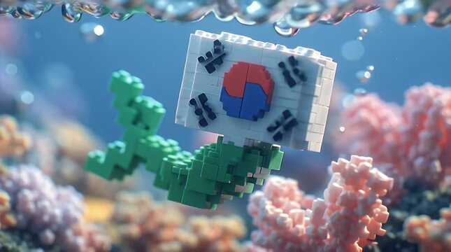 Underwater Scene Featuring a Cute Pixelated Creature Swimming in a Colorful Reef