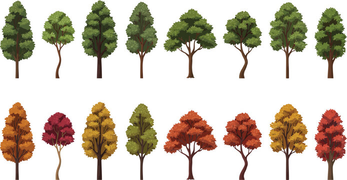  Isometric RPG game tree sprite sheet with summer and autumn low poly foliage variations