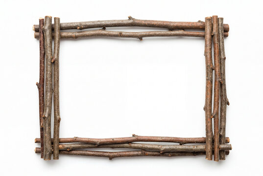 A rustic rectangular frame carefully constructed from natural tree twigs and wooden branches