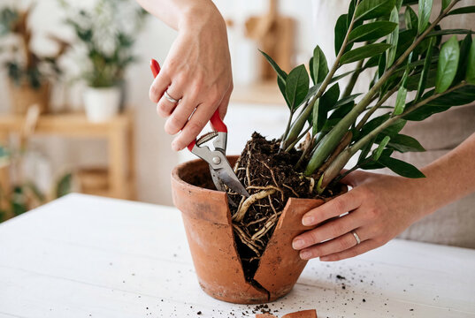 Hands repotting a houseplant from a broken terracotta pot