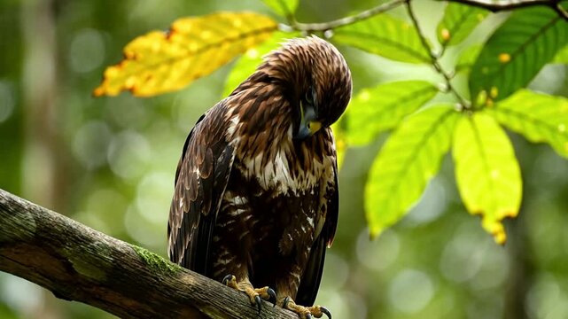 Javan Hawk-Eagle Perched Gracefully in a Lush Rainforest Shade Surrounded by Vibrant Green Leaves with Diffused Natural Light