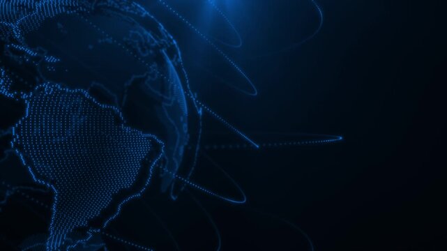 Royal blue  color rotating circular dots with globe data point network connection hi tech design loopable glowing breaking news background