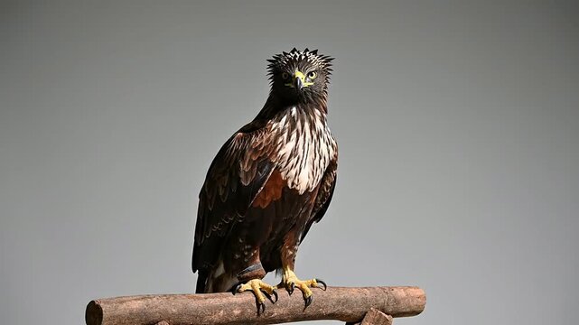 Javan Hawk-Eagle Perched in Profile on a Natural Branch Against a Simple Gray Background with Striking Features and Colors